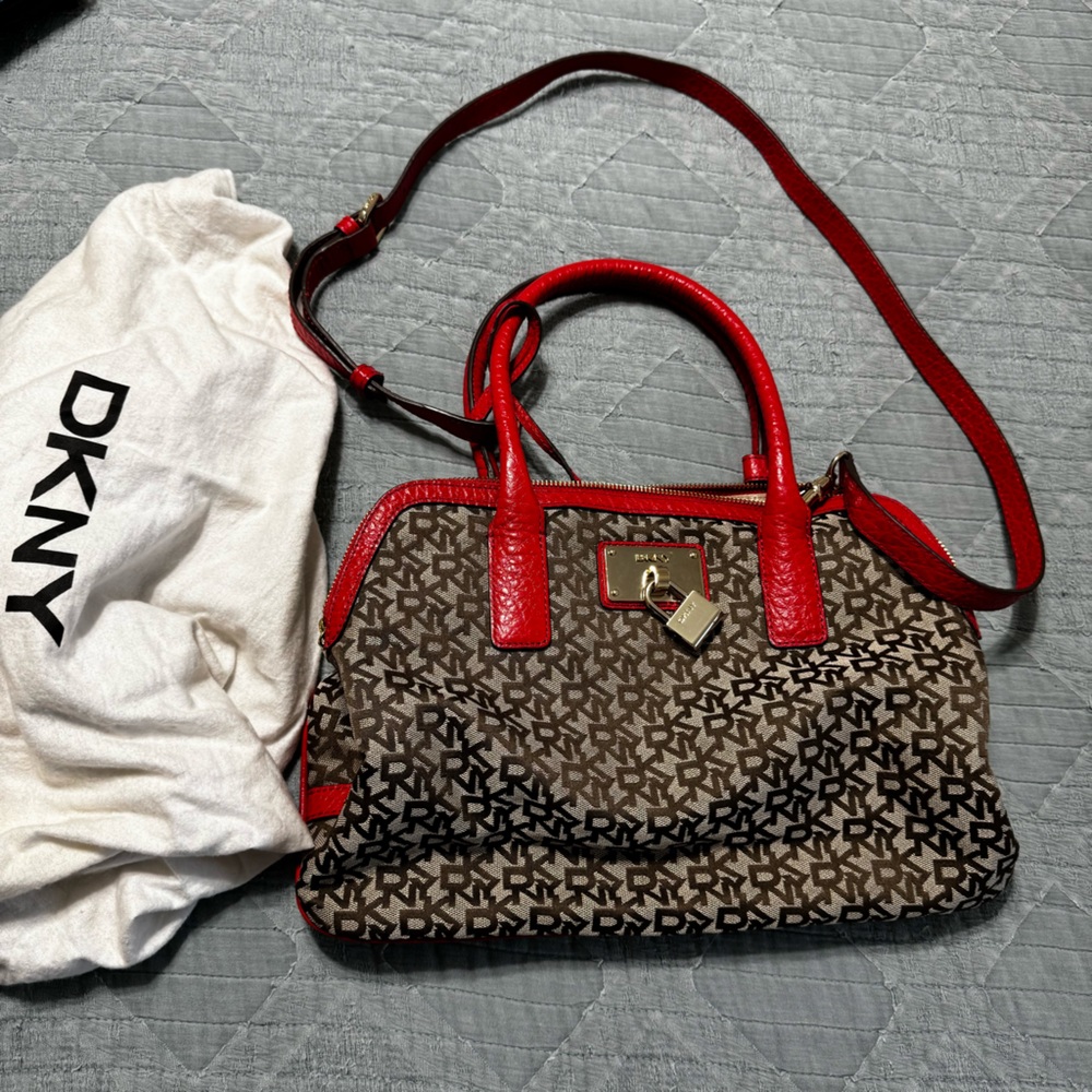 DKNY Monogram Tote with sleeper Bag Red Tan